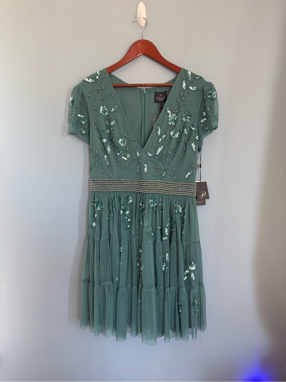 NWT Adrianna Papell Green beaded mini v-neck dress - size 14